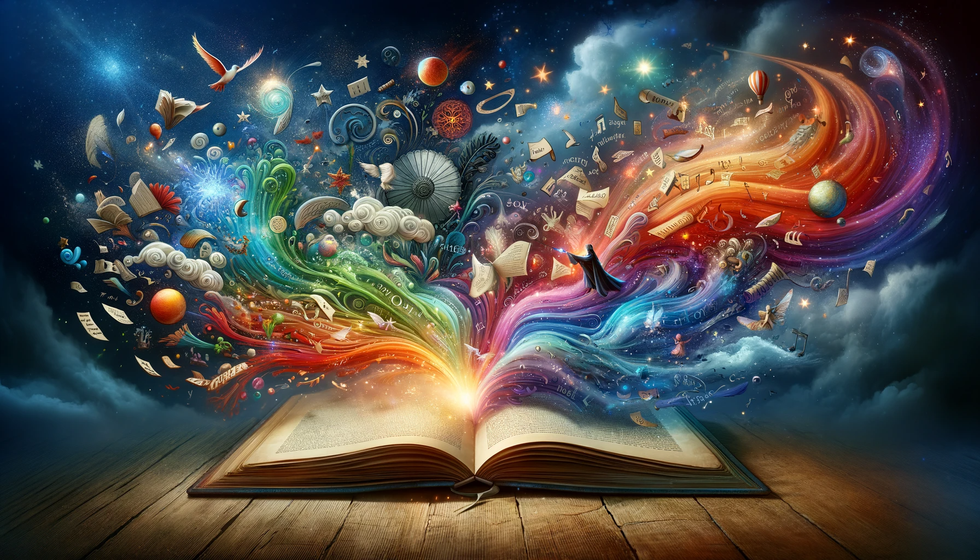 An open book with pages unfurling, transforming into a whirlwind of colors and fantastical imagery, symbolizing the journey of storytelling from text to vivid emotions and stories.