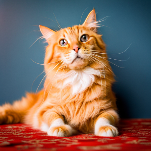 An orange cat stretches out on a red carpet