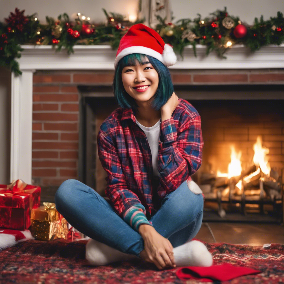 an person wearing a fun colorful flannel santa hat and jeans outfit for christmas by the fireplace