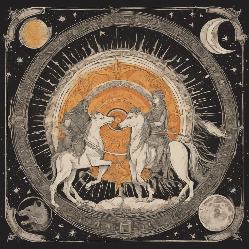 Ancient illustration of Sol and Mani, the sun and moon siblings, in their celestial chariots, chased by wolves Skol and Hati. Sol drives the sun chariot with the shield Svalin, while Mani guides the moon.