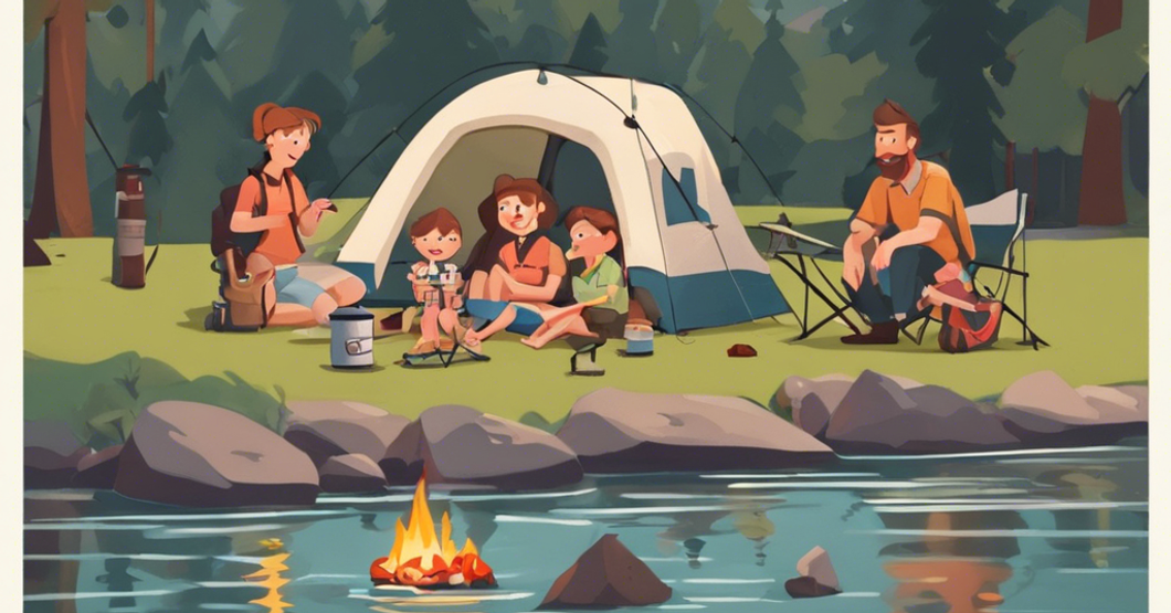 Animated family camping by the river