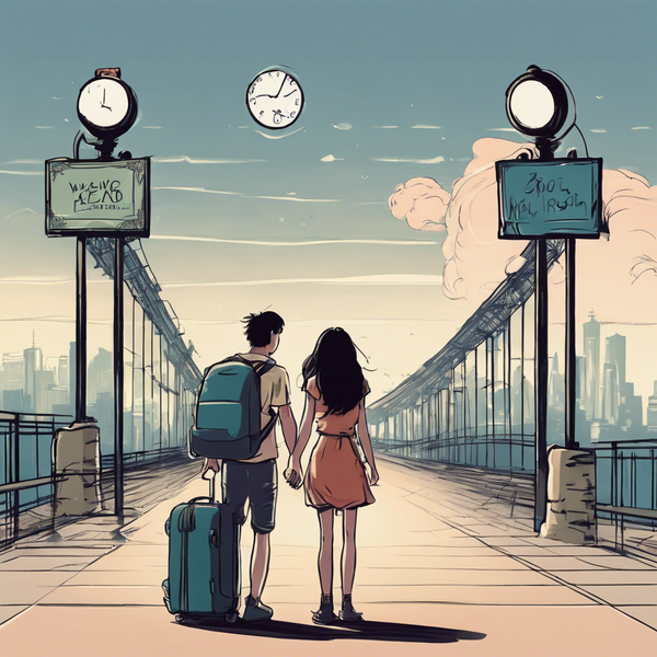 Animated image of a man and woman standing at a Airport terminal