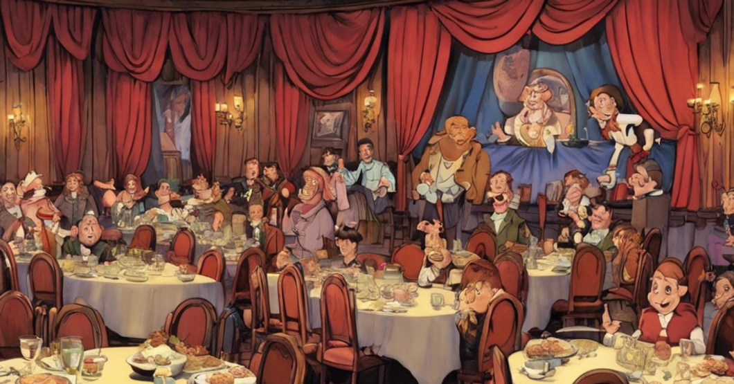 Animated people at dinner tables eating with a stage in the back of the room
