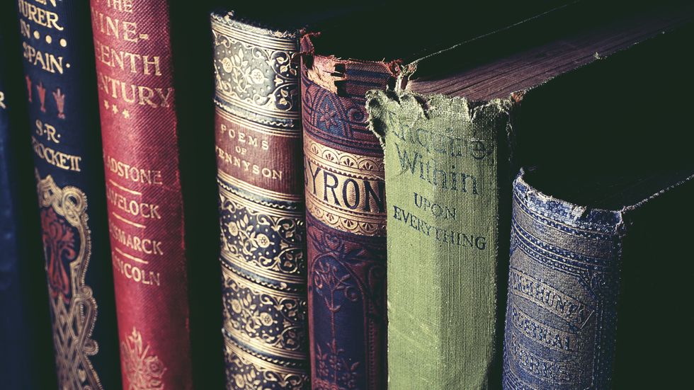 Antique books on shelf leather bound