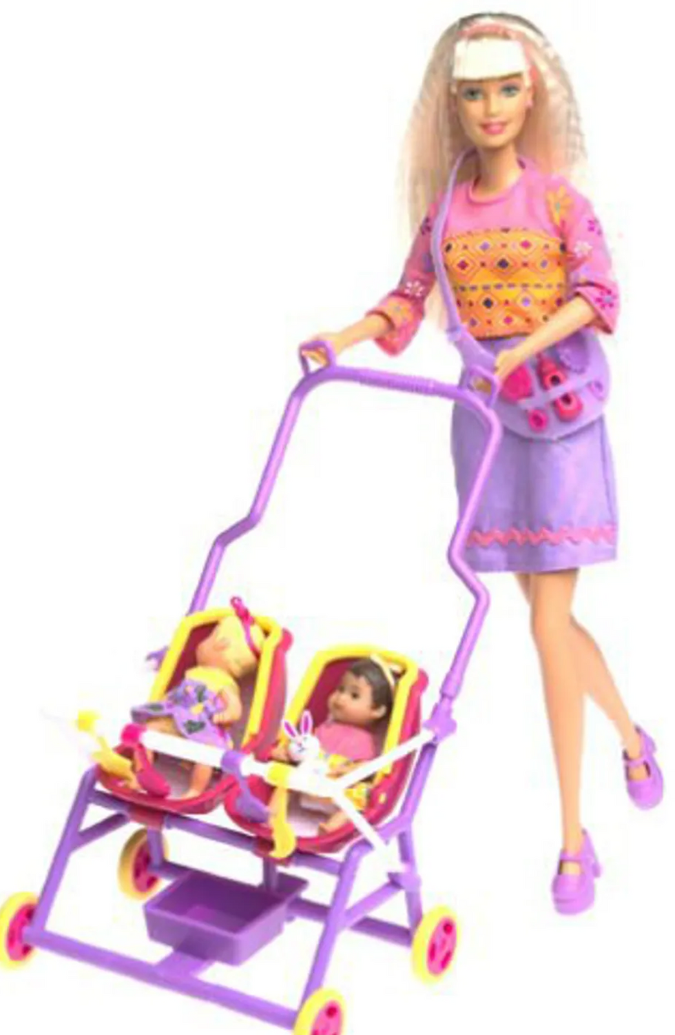 Barbie pushes two babies in stroller
