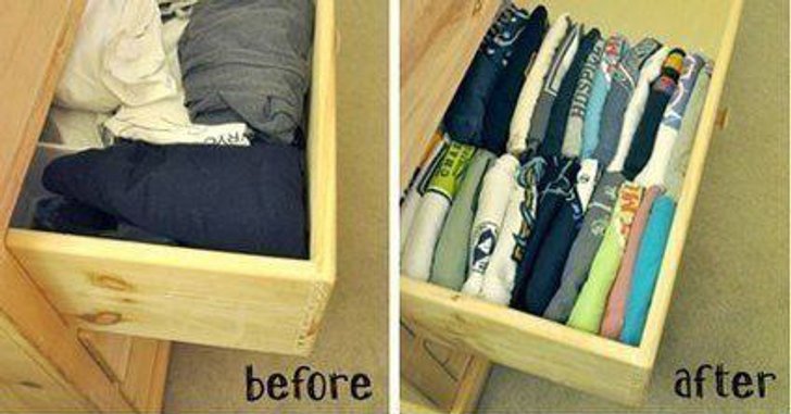 before and while organizing clothes in drawer
