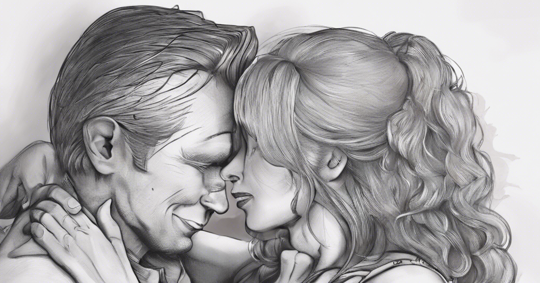 Black and white animated pencil drawing of a man and woman embracing