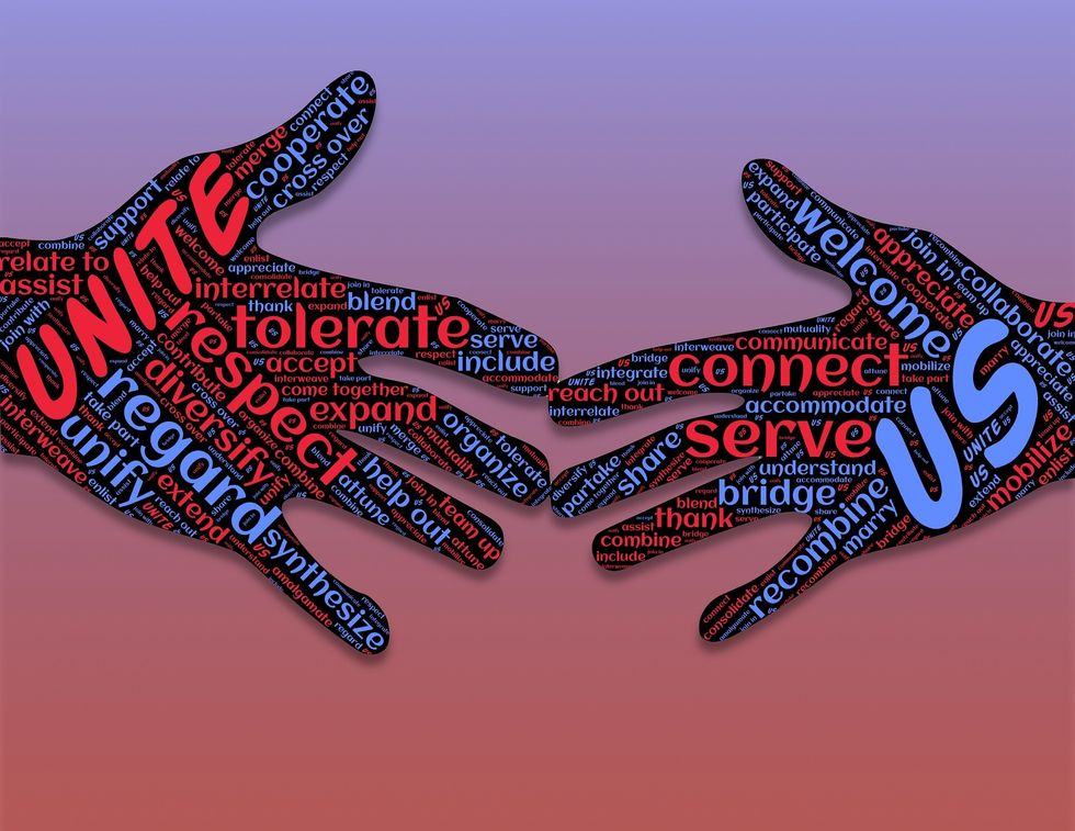 black hands, red and blue words, red and blue background