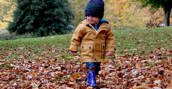 boy wearing orange bubble jacket walking on dry fallen leaves on ground