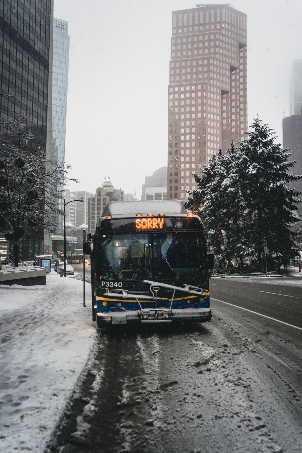 Bus in a cityscape with the word sorry on its destination sign.