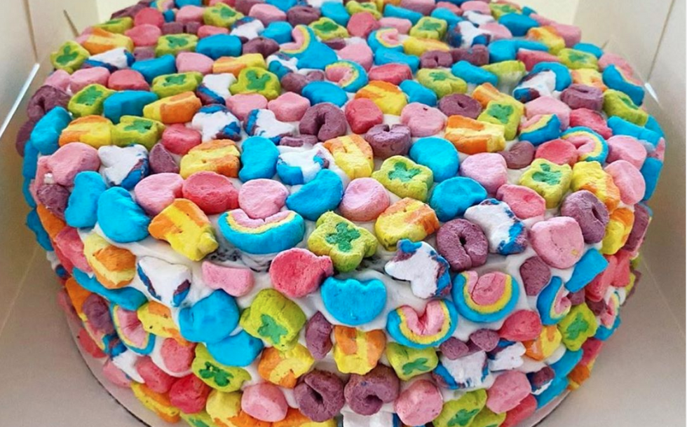 cake built completely out of lucky charms marshmallows