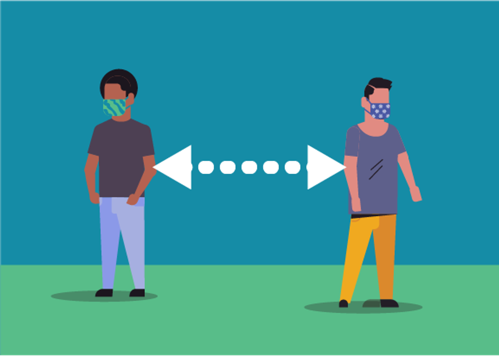 Cartoon of two people staying distances from each other.