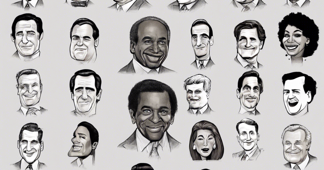 celebrities politicians and athletes all together in animated black and white drawing