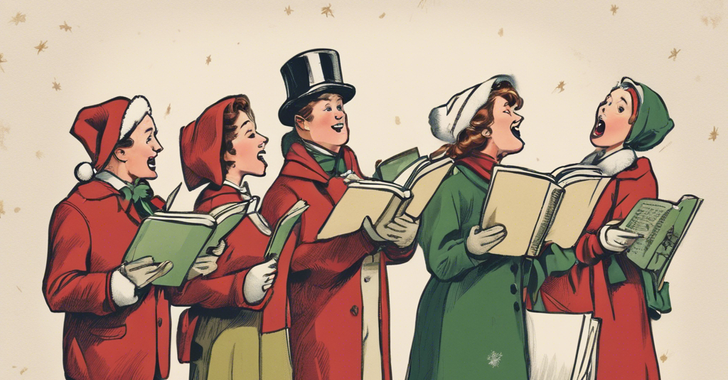 christmas carolers sing in unison with backs to the camera