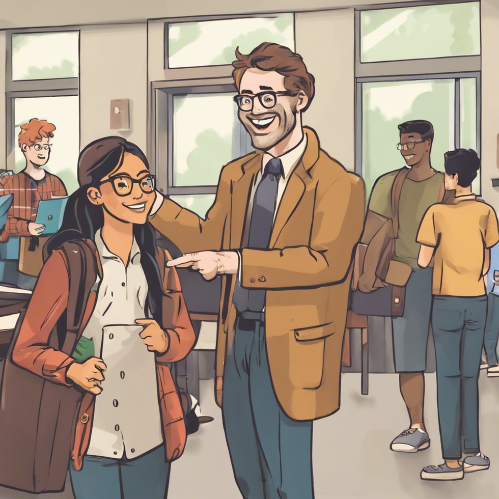 college professor welcoming a college student to class