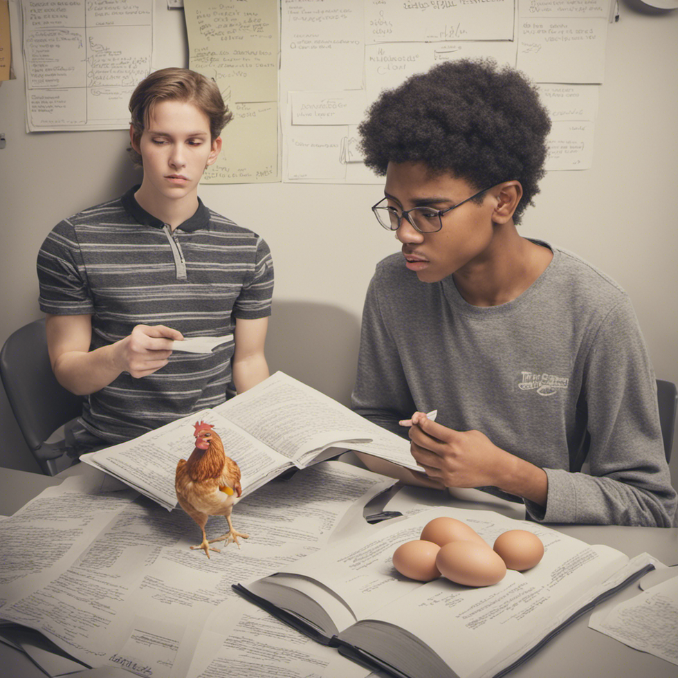 College students debating over "what came first: the egg or the chicken".