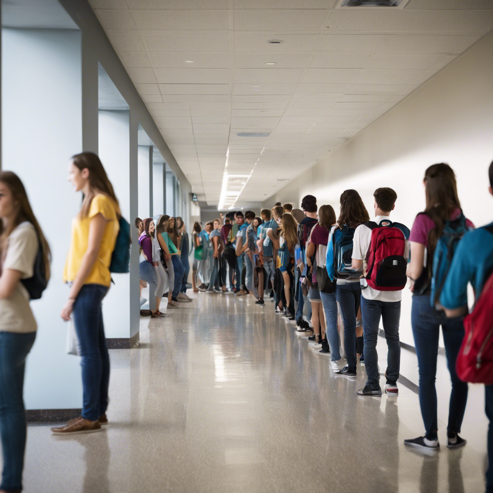 college students waiting in a long line in the hallway