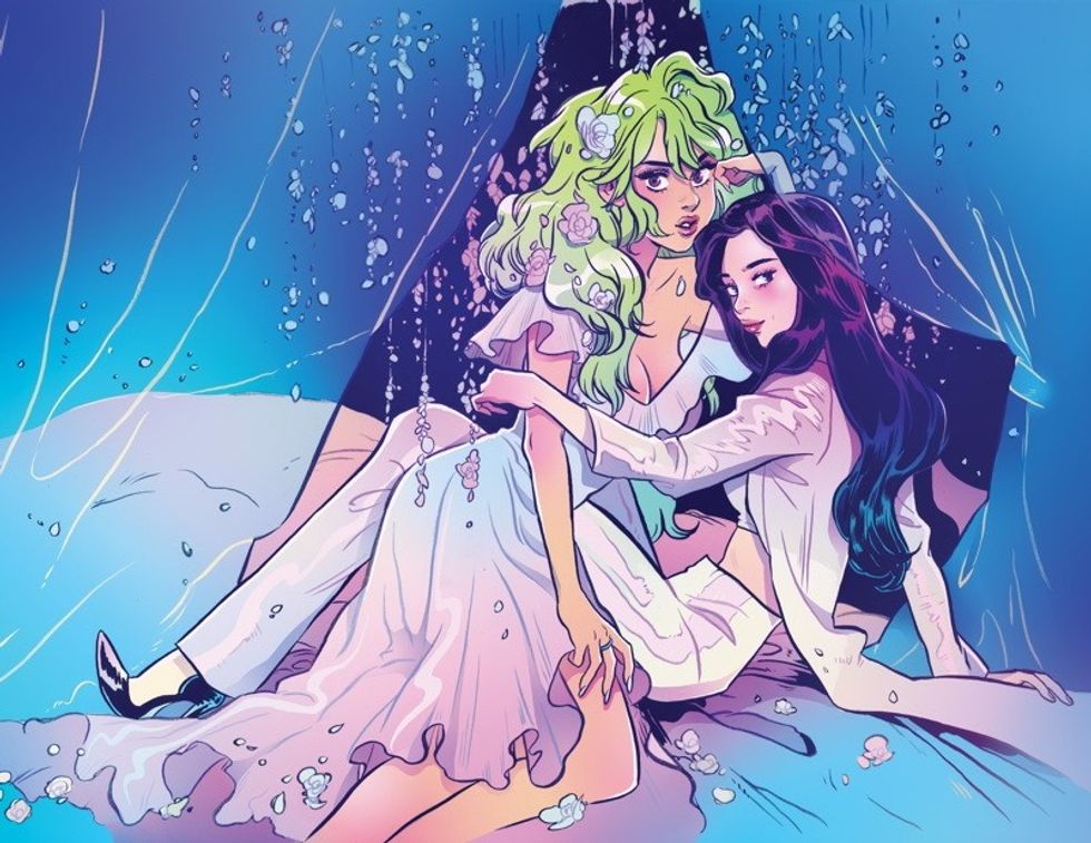 Drawing of a green haired woman laying in another woman's lap in wedding attire under a canopy