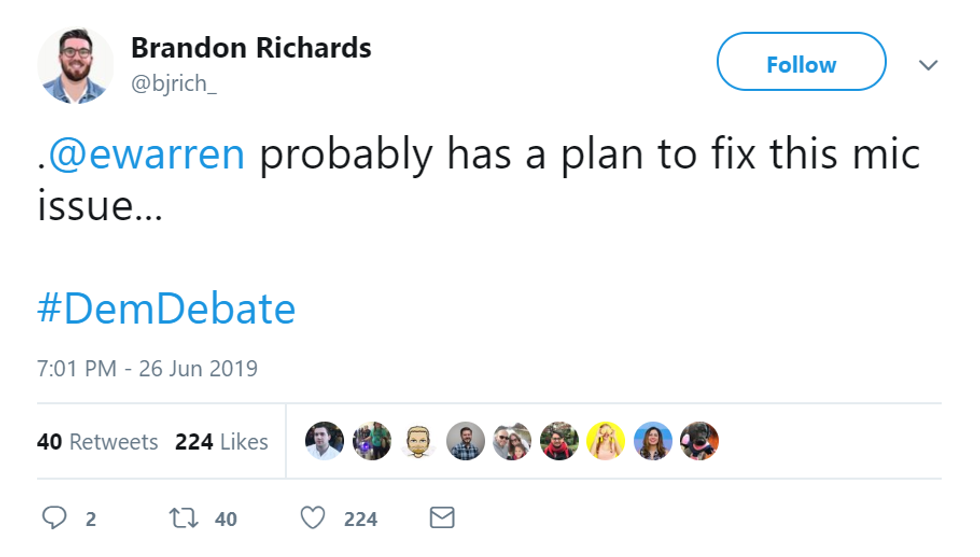 ".@ewarren probably has a plan to fix this mic issue..."