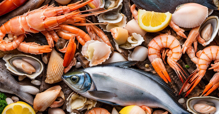 Fish, crabs, shrimp and shells in a pile of seafood