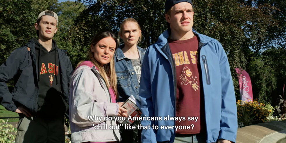 Four actors wear U of A and ASU college gear on  Netflix's original movie "Eurovision Song Contest: The Story of Fire Saga."