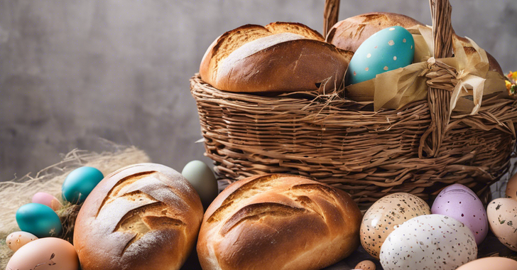 fresh loaves of bread stacked on top of each other near an easter basket and easter eggs