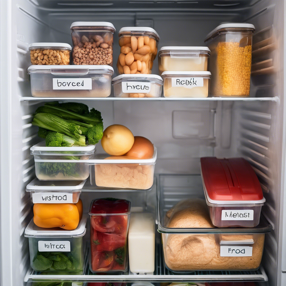 fridge full of food stored in containers that have name labels