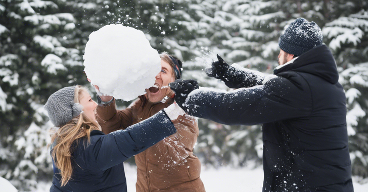 friends engage in a huge snowball fight backs to camera