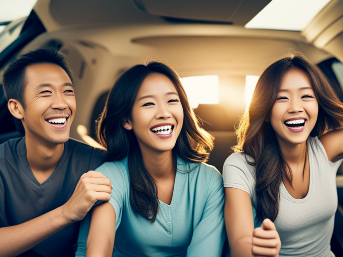 Friends smile and laugh in car on a road trip