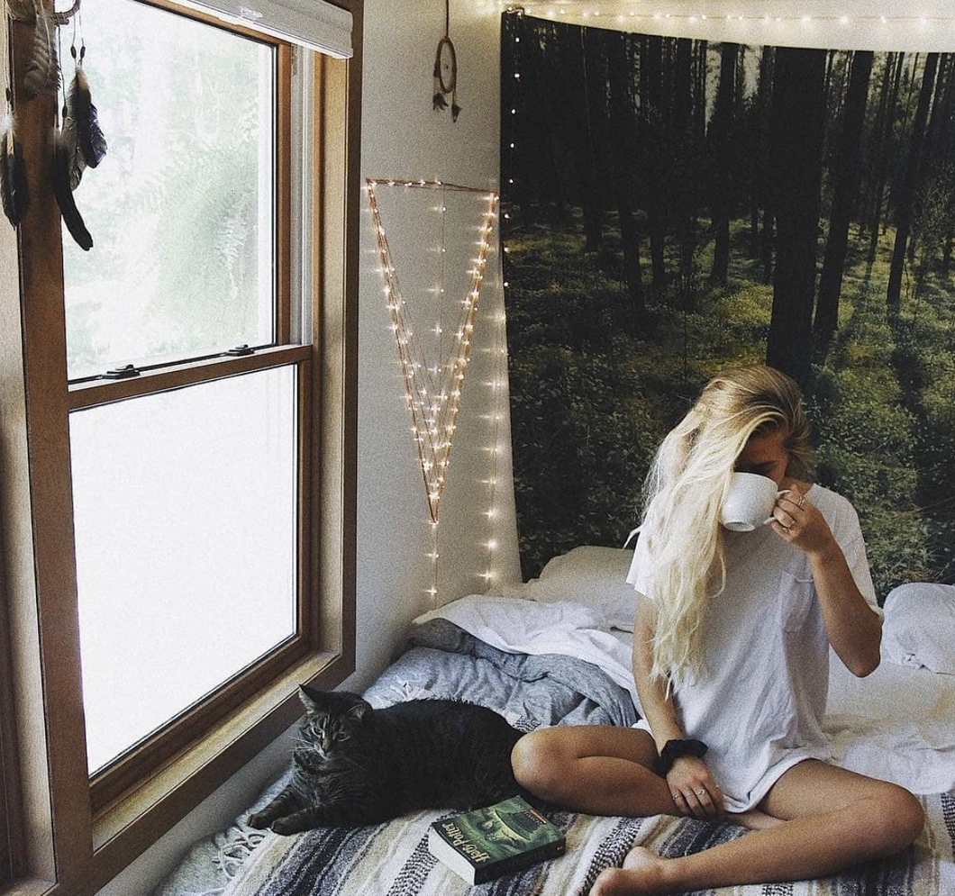 girl, coffee, bed, cat, book