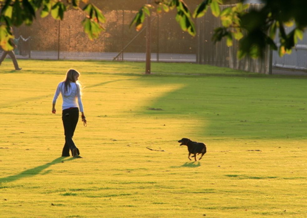 girl walking dog