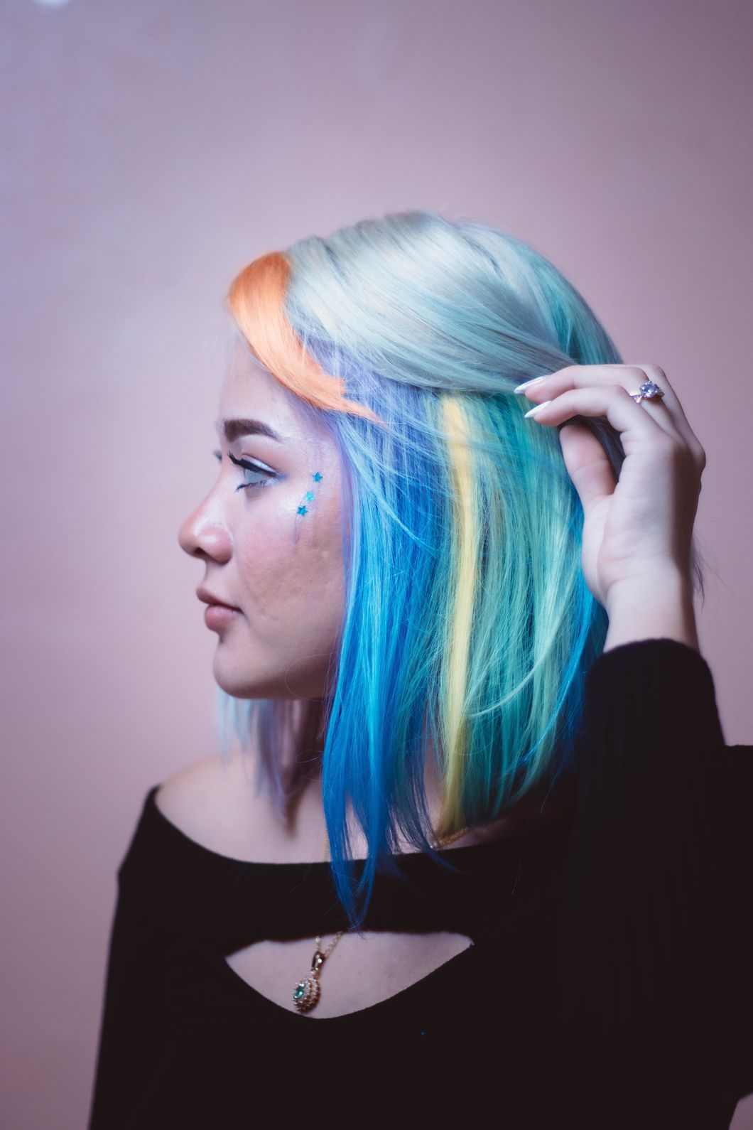 girl with rainbow-dyed hair