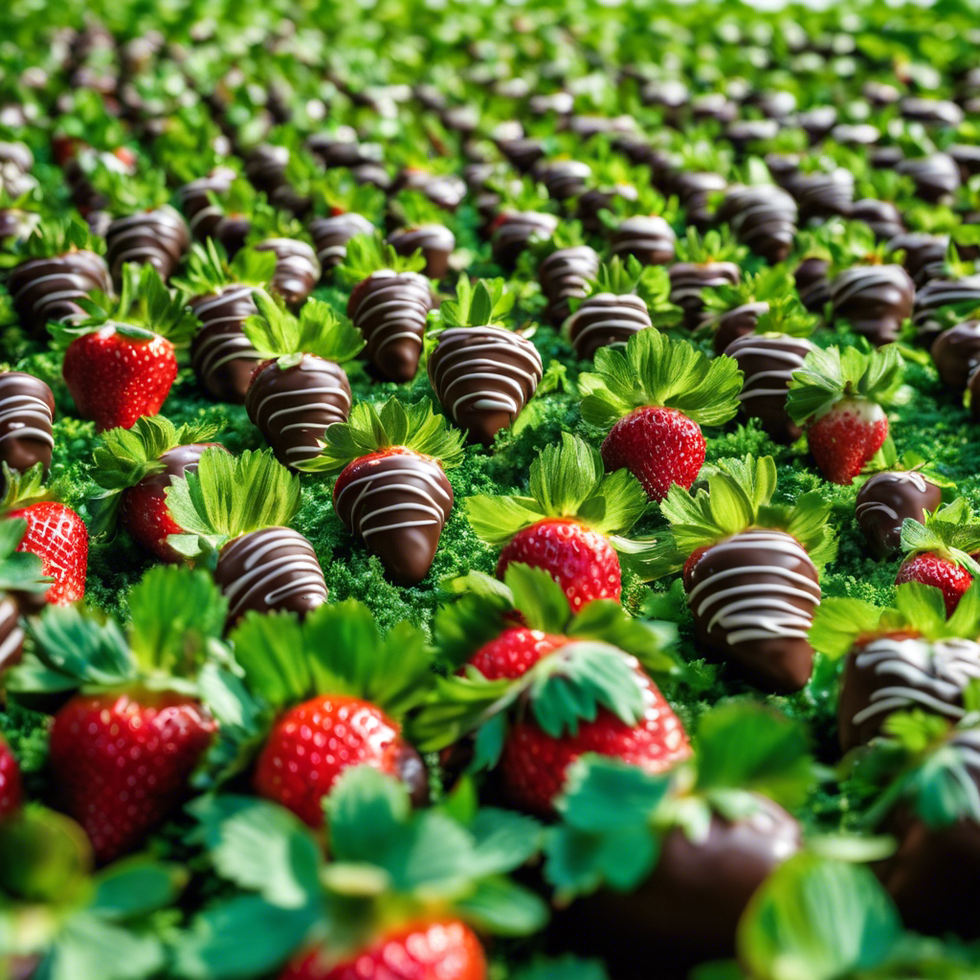 green field filled with chocolate covered strawberries on bushes
