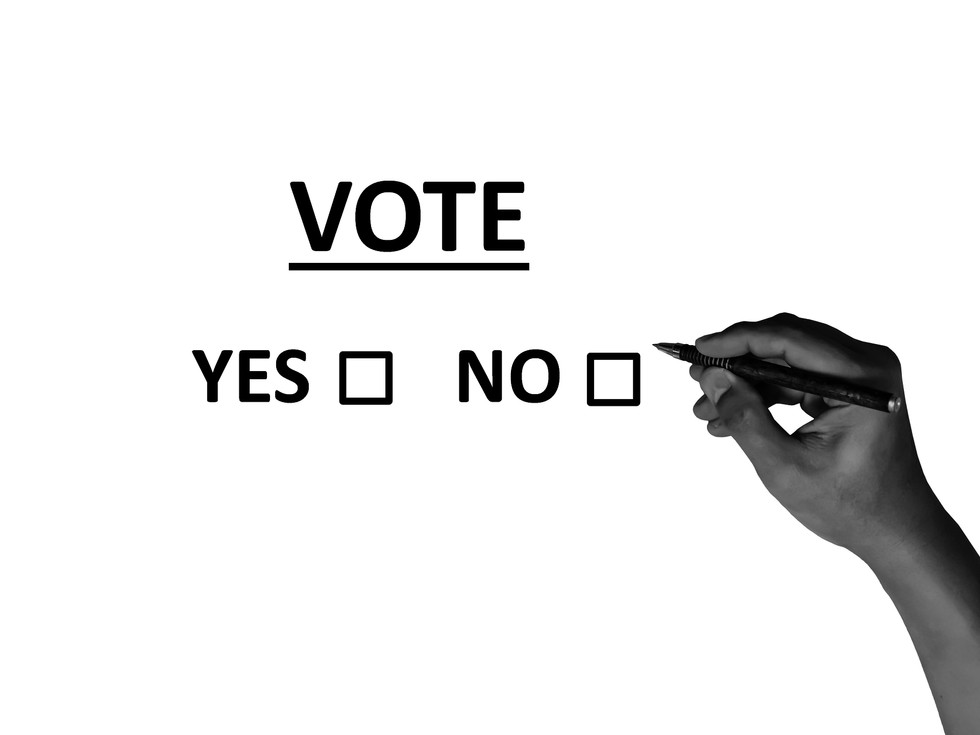 Hand, voting, yes, no, boxes