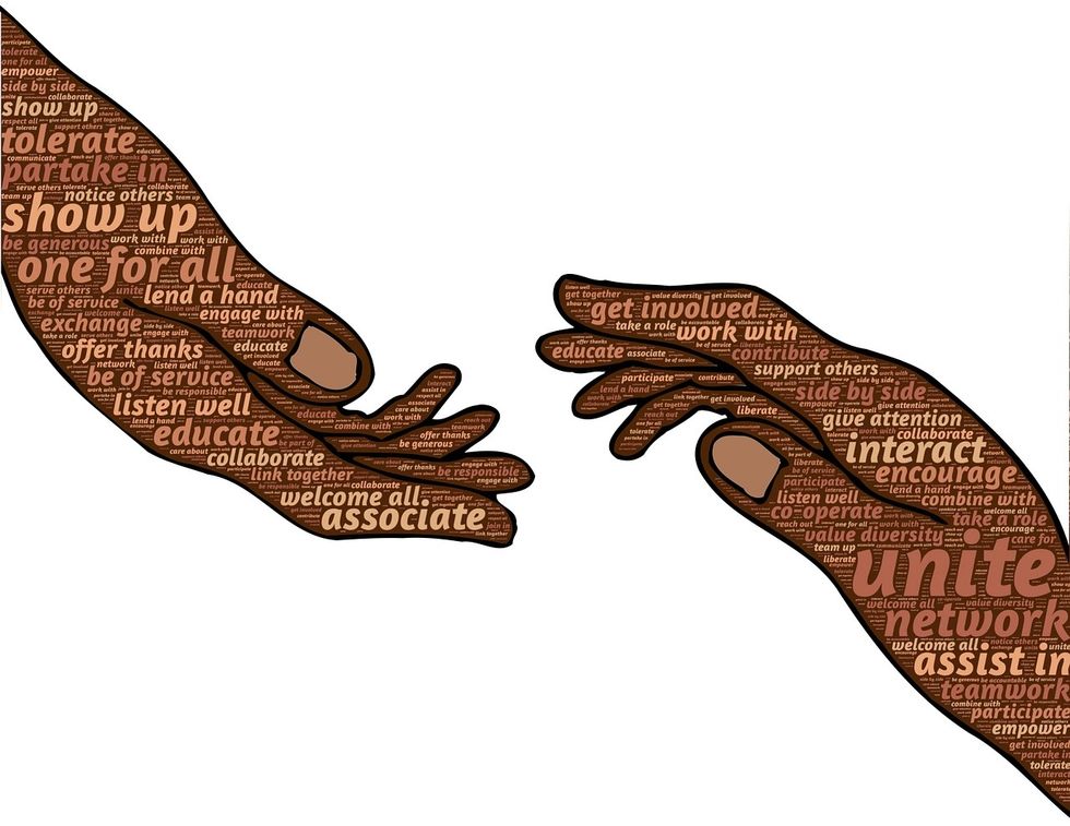 Hands with words of uniting on them