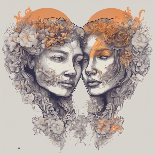 Ilistrated drawing of two womans faces side by side with flowers around thier heads
