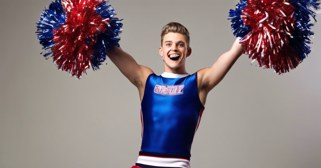 Illistrated image of a man with red and blue pom poms cheering