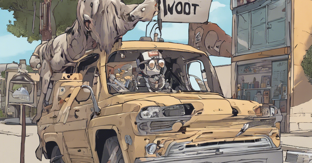 Illistrated image of a very broken smashed car with a robot inside.