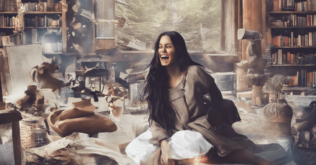 Illistrated image of a woman laughing in a room filled with books and furniture