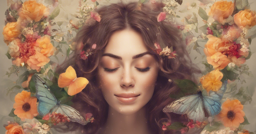 Illistrated image of a woman's face eyes closed surrounded by flowers and butterflies