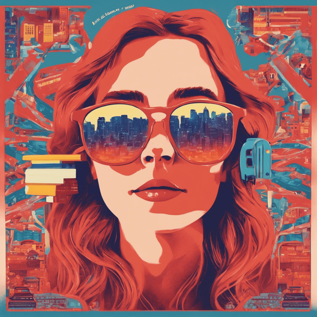 Illistrated image of a Woman wearing sunglasses with a bright colors and a city reflected in her glasses