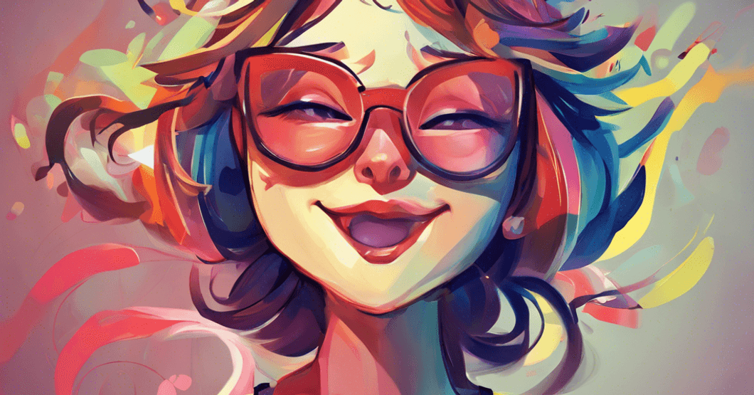 Illistrated image of a woman with colourful hair and a big smile