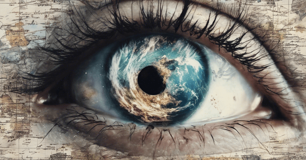Illistrated image of an eye with the earth reflected in the iris.