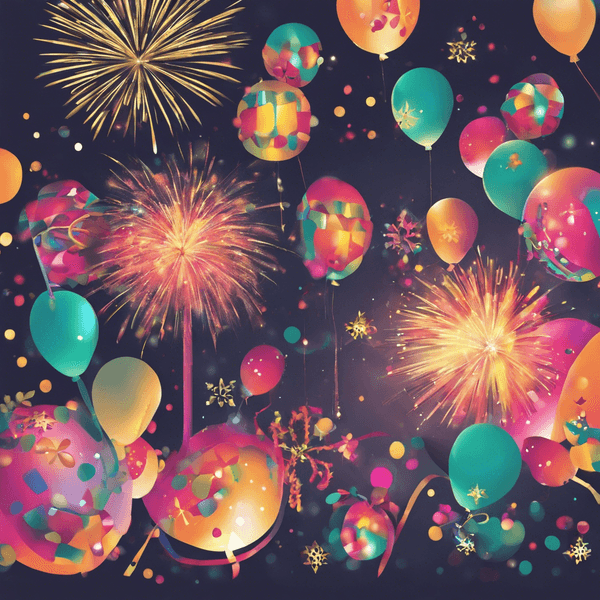 Illistrated image of colorful balloons and fireworks