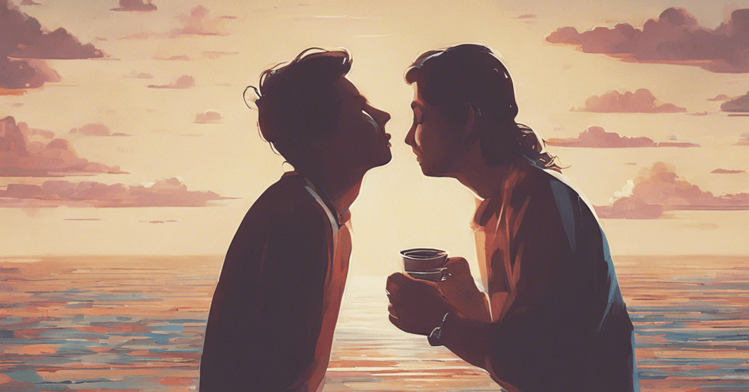 Illistrated image of two people facing each other with the ocean and sunset behind them