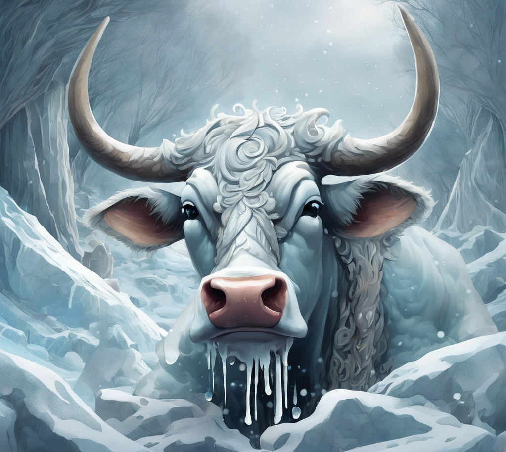 Illustration of the Norse creation myth: Audhumla the cow nourishes the giant Ymir with rivers of milk, while licking rime stones to reveal the first god, Buri. Odin, Vili, and Ve transform Ymir's body into the world, with his flesh, bones, skull, and blood forming the earth, mountains, sky, and ocean.