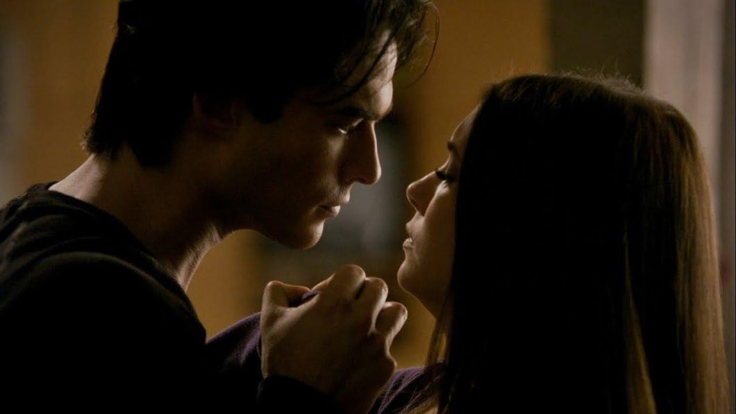 Damon and Elena/Katherine first kiss