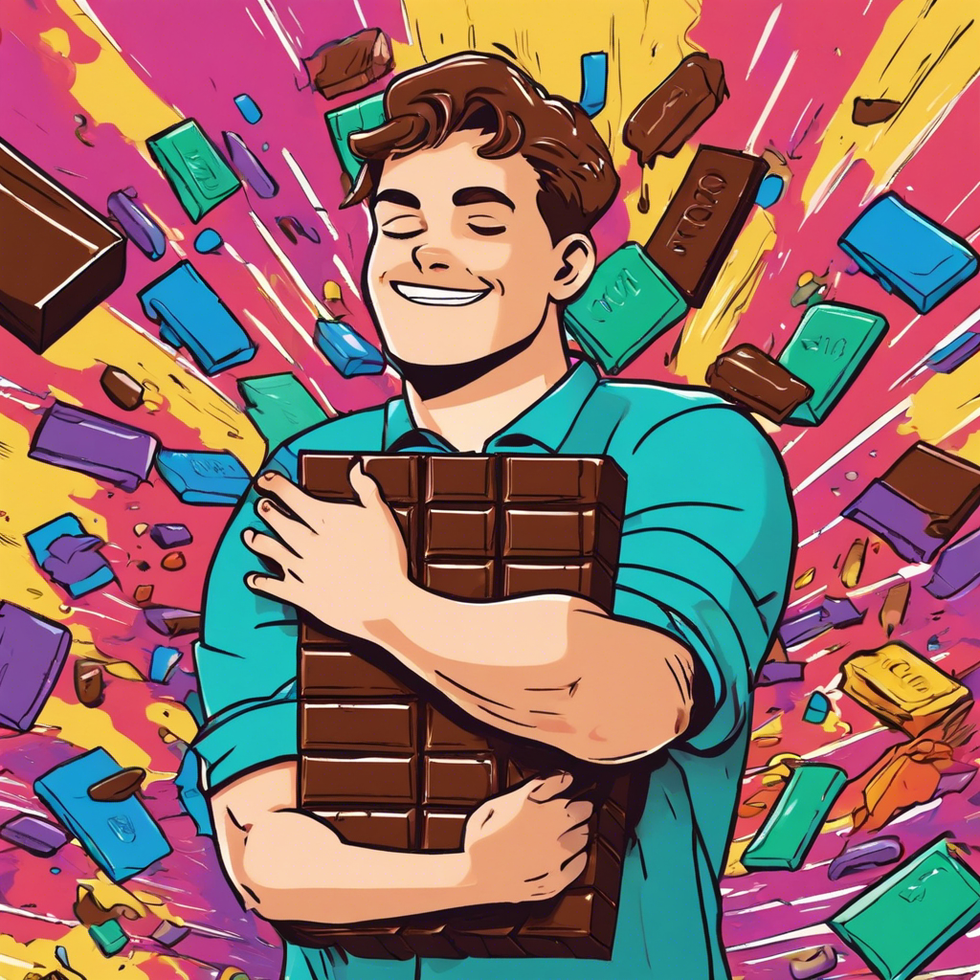 in a colorful comic style a person hugging chocolate bar