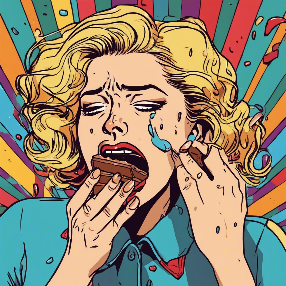 in a colorful comic style a woman crying while eating chocolate