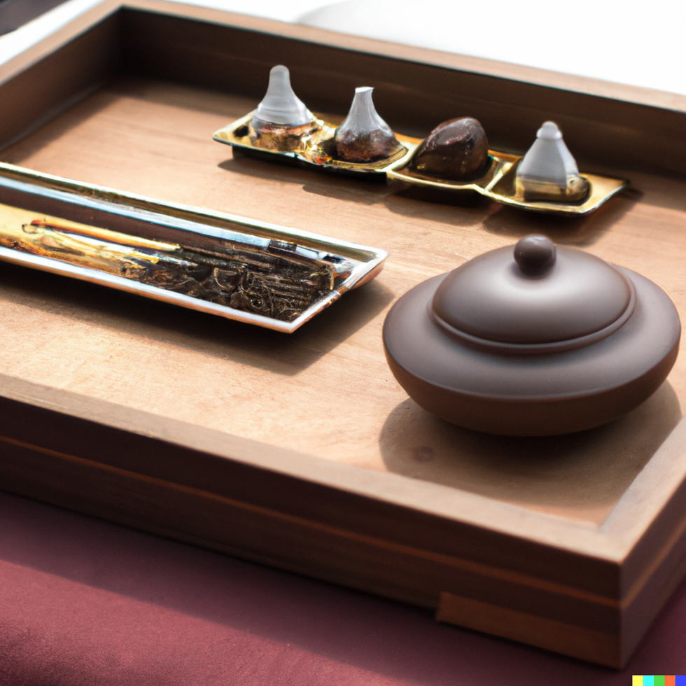 incense holder on a tea tray surrounded by a complete tea set